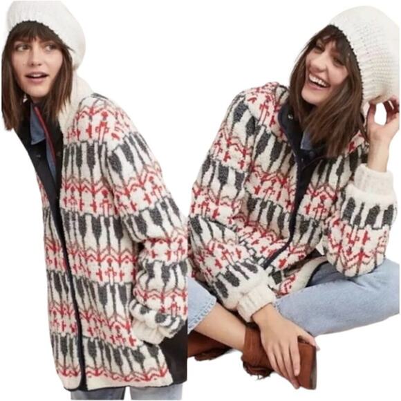 Anthropologie Sleeping On Snow White Red Gray Intarsia Poly-Wool Blend Jacket - Picture 1 of 8